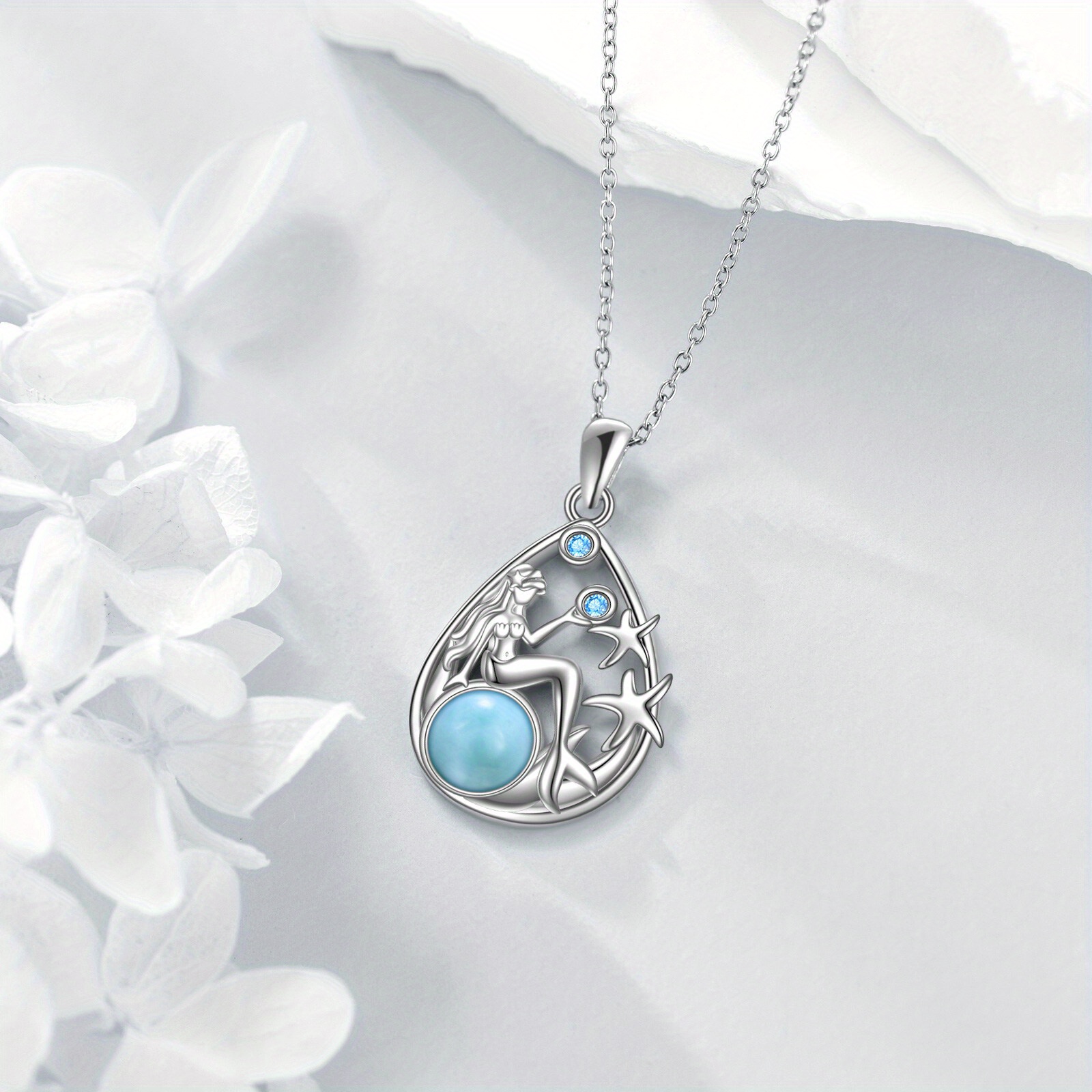 Women's Sterling Silver Mermaid Larimar Teardrop Necklace